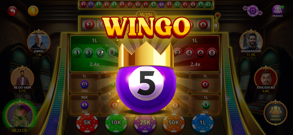 Royal Teenpatti - RTP - Une capture d'écran du mode de jeu Wingo dans l'application Royal Teenpatti montrant une boule numéro 5 couronnée et des jetons de pari virtuels.