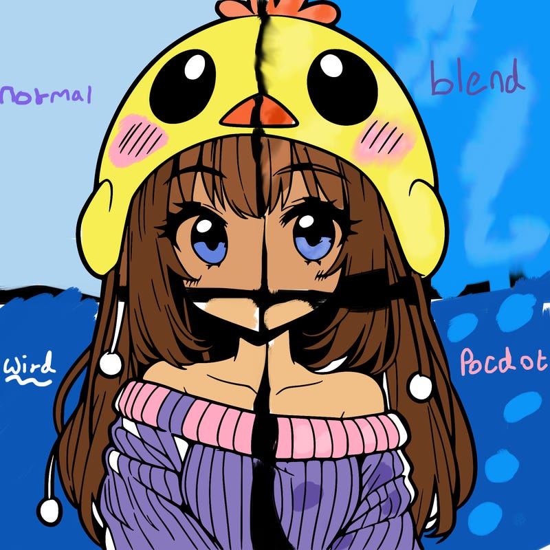 anime girl with chick shaped hat with sweater with bare shoulders with bangs covering them one eye with low tail