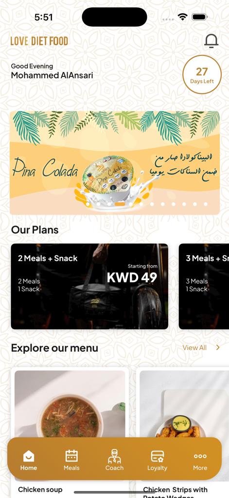 Pantalla principal de la app Love Diet Food mostrando planes de suscripción de comidas saludables y opciones de menú diario