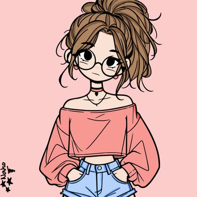 girl with a messy ponytail glasses a baggy crop top and jean shorts