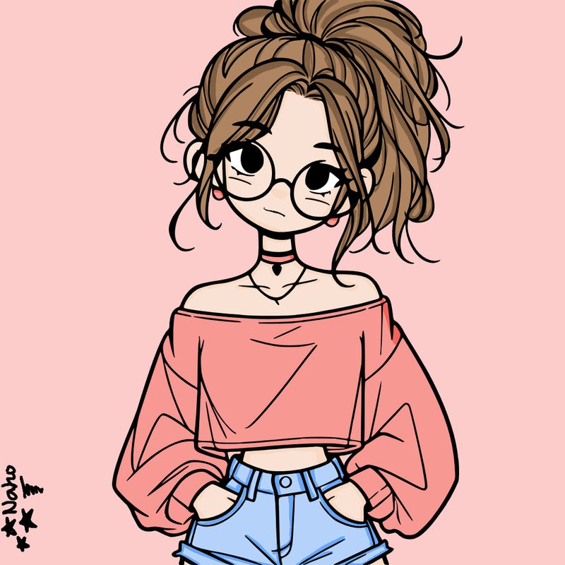 girl with a messy ponytail glasses a baggy crop top and jean shorts