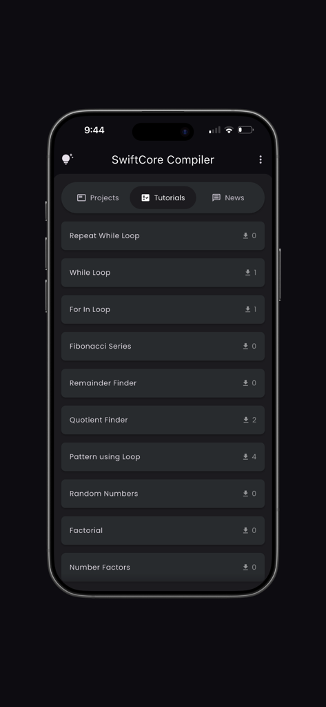 SwiftCore ‎Compiler(Pro) - Interfaz de la aplicación SwiftCore Compiler que muestra una lista de tutoriales de codificación en Swift, incluidos bucles y algoritmos.
