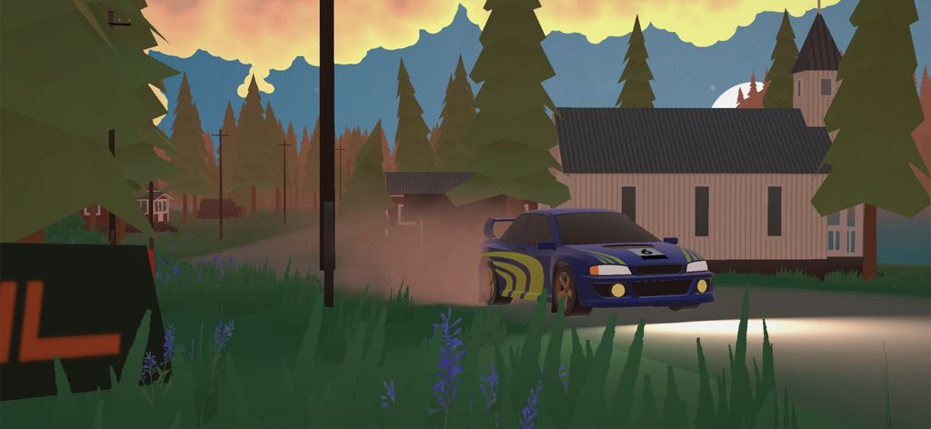 N3Rally - A blue rally car racing past a wooden house and pine trees during sunset in N3Rally