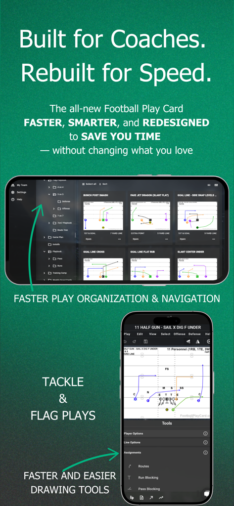 Football Play Card - Football Play Card app on mobile devices showing playbook organization and digital play drawing tools for coaches