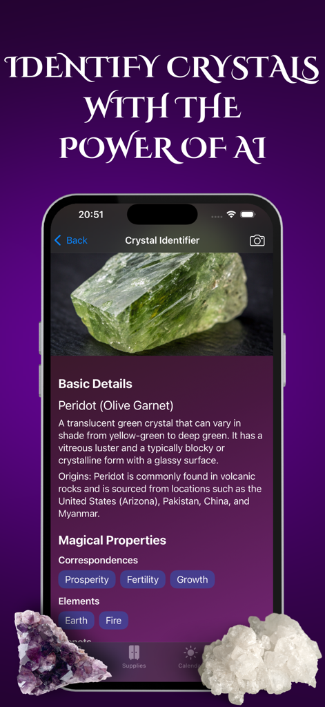 Wicca・Witchcraft Witch Spells - Wicca app interface showing AI powered crystal identification and magical properties of a Peridot stone