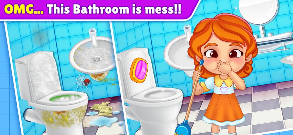 Baby Girl Home Cleaning - Una comparación de antes y después de un baño desordenado siendo limpiado por una niña de dibujos animados en la app Limpieza del Hogar para Niñas.