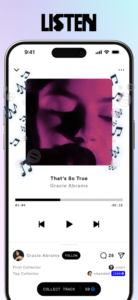 EQUALS app music player interface playing a song by Gracie Abrams with options to follow the artist and collect the track.