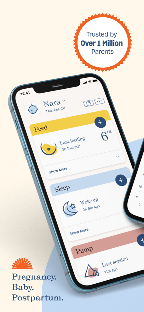 Nara Baby & Pregnancy Tracker - Nara Babyアプリのインターフェース。授乳、睡眠、搾乳活動を記録するためのモジュールが表示されています。