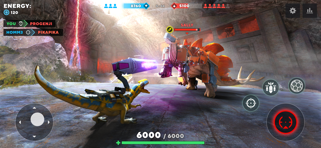 Dino Squad: Online Action - Un raptor con un arma láser montada luchando contra un Estegosaurio blindado en una arena de ruinas de piedra