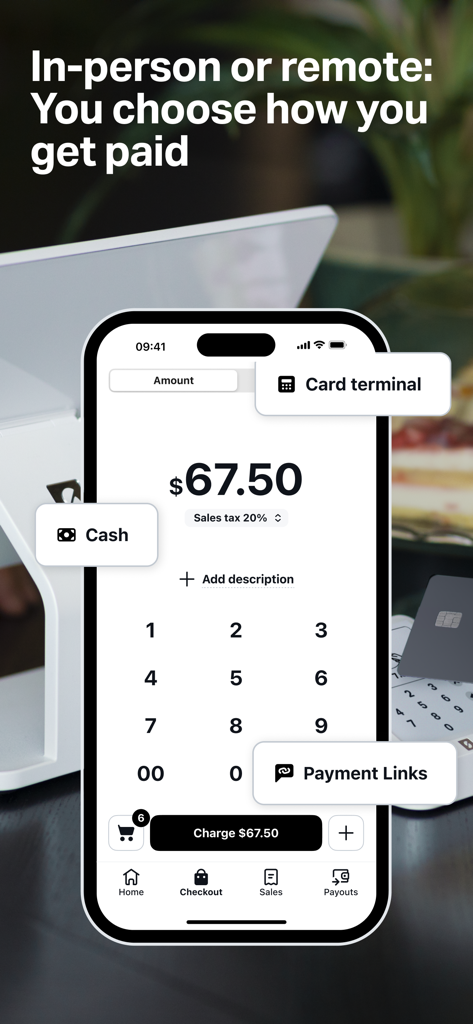 SumUp mobile app interface showing options for cash, card terminal, and payment links on a smartphone screen