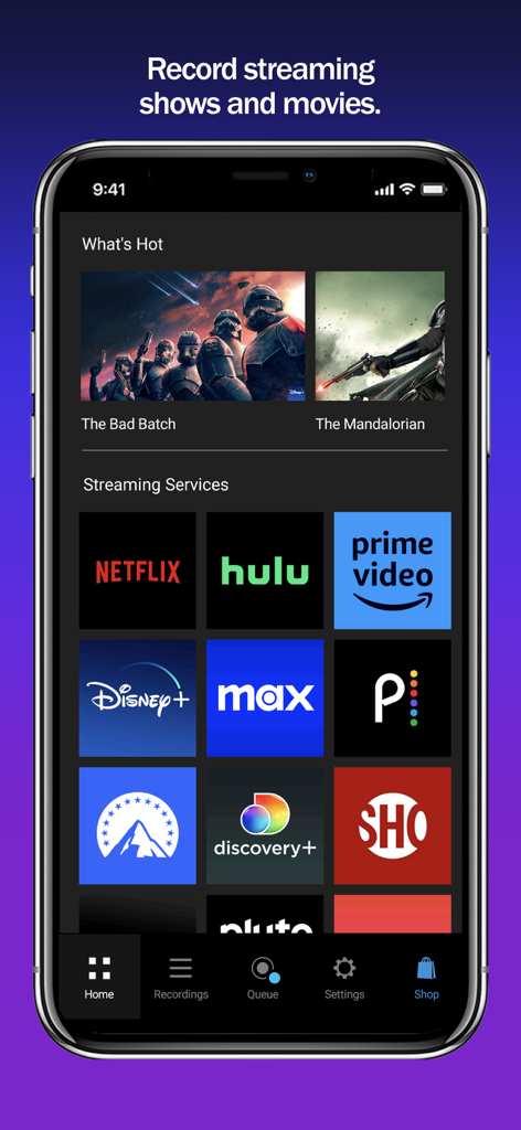 PlayOn Cloud - Streaming DVR - PlayOn Cloud app home screen displaying icons for streaming services like Netflix Hulu and Prime Video