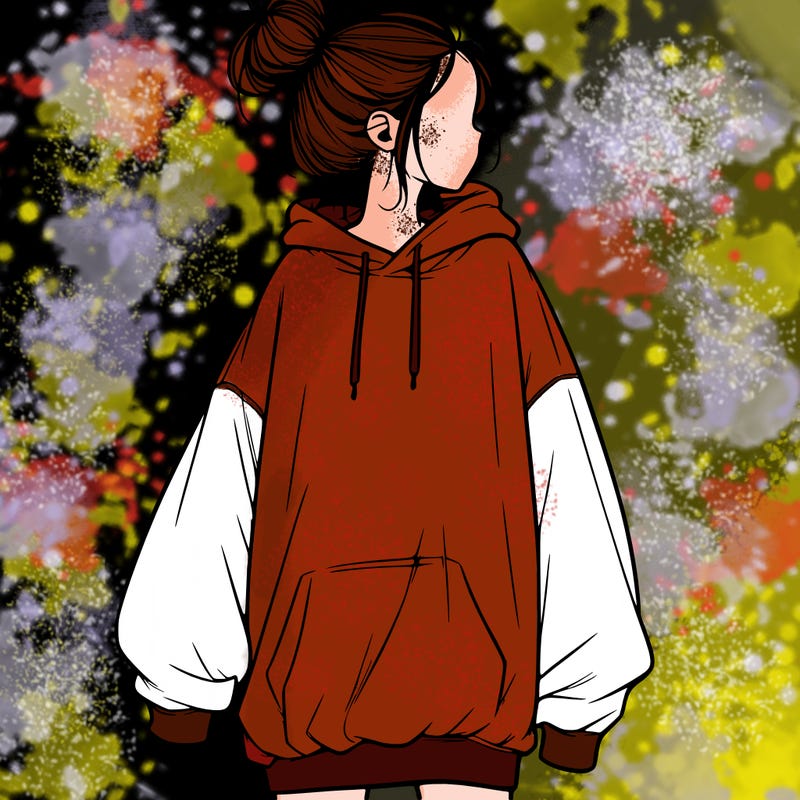 realistic girl with a oversized sweatshirt on and a bun