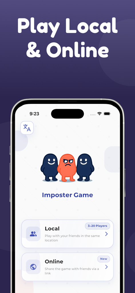 Imposter Game - Word Party - Imposter Game app screen displaying local and online game mode options with cartoon characters.