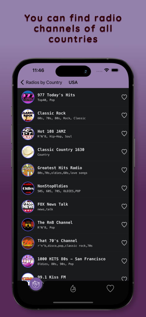 Yagia Radio: Live FM AM Tuner - Yagia Radioアプリのインターフェース。アメリカのライブラジオ局のリストが表示されています。