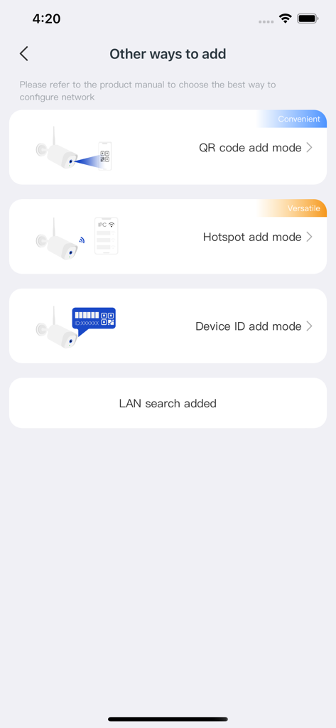Annke Sight - A setup screen in the Annke Sight app displaying multiple ways to add a camera including QR code Hotspot Device ID and LAN search.