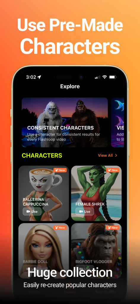 Interfaz de la aplicación Flashloop mostrando una biblioteca de personajes de IA prefabricados para la generación de vídeo, incluyendo Shrek femenina y Bigfoot.