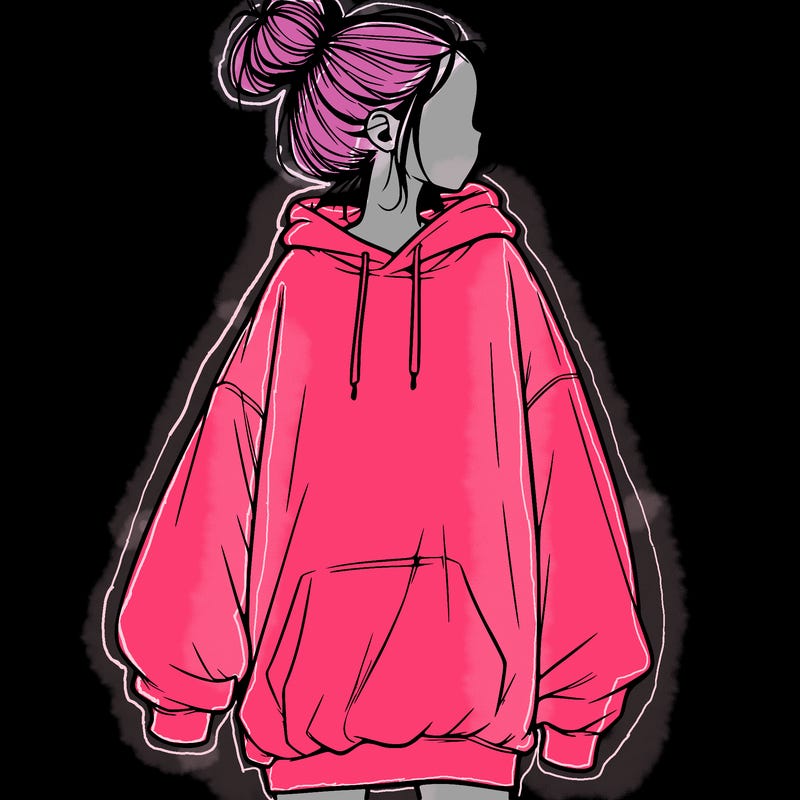realistic girl with a oversized sweatshirt on and a bun