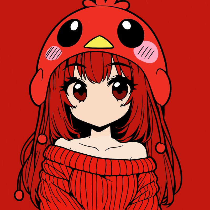 anime girl with chick shaped hat with sweater with bare shoulders with bangs covering them one eye with low tail