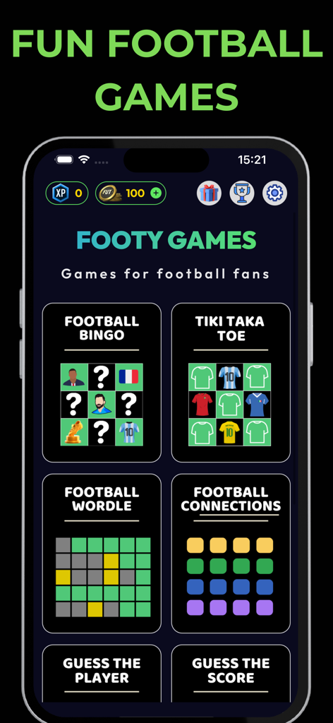 Footy Games - Football Bingo - The main menu of Footy Games showing multiple soccer puzzle options like Football Bingo Tiki Taka Toe and Football Wordle