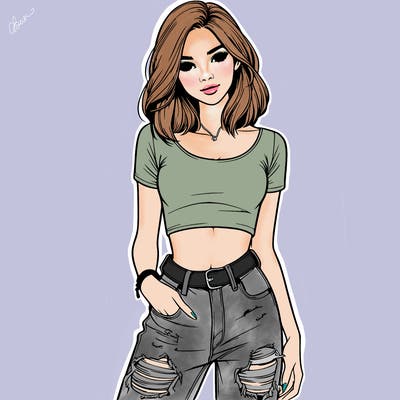 beautiful girl in crop tshirt and ripped denim realistic
