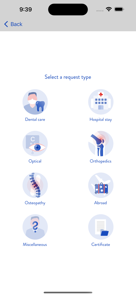 CMCM app screen displaying medical request categories like dental care, hospital stay, optical, and orthopedics.
