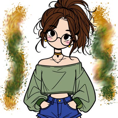 girl with a messy ponytail glasses a baggy crop top and jean shorts