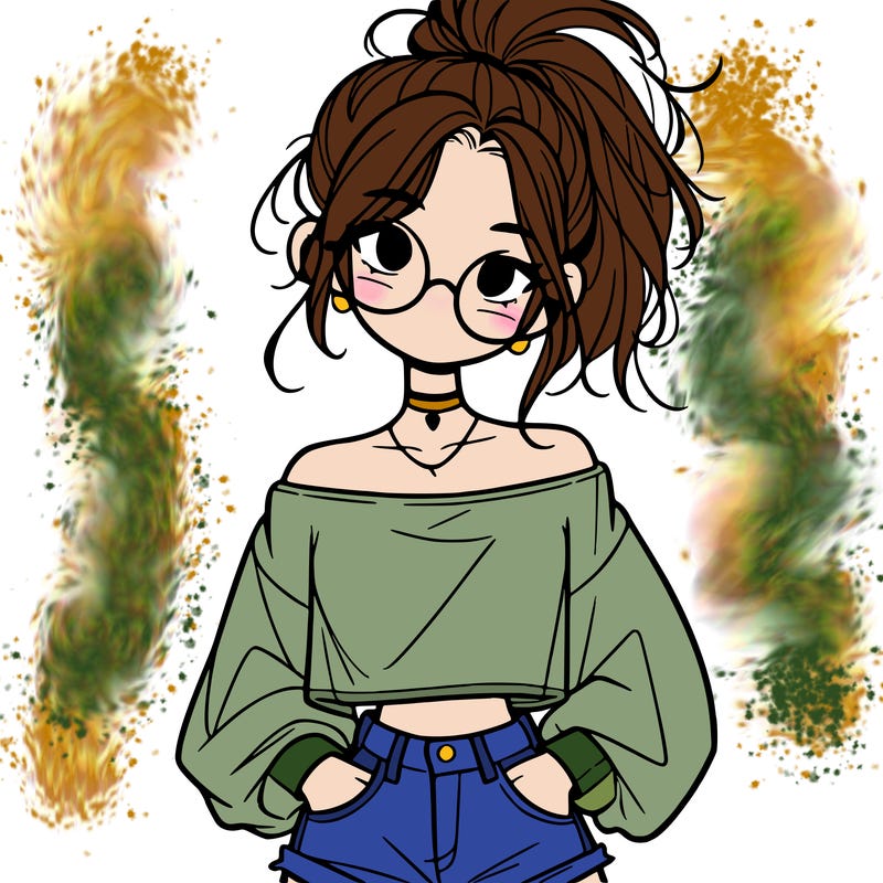 girl with a messy ponytail glasses a baggy crop top and jean shorts