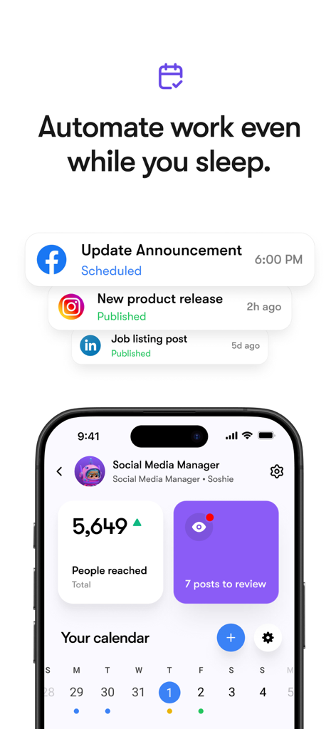Sintra: AI Employees - Interface of Sintra AI app showing social media automation and scheduling for Facebook Instagram and LinkedIn