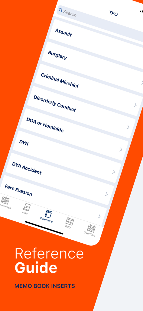 Summons Partner+ - Oberfläche der Summons Partner App, die den Bildschirm des Referenzhandbuchs mit verschiedenen Kategorien von Polizeiberichten zeigt.