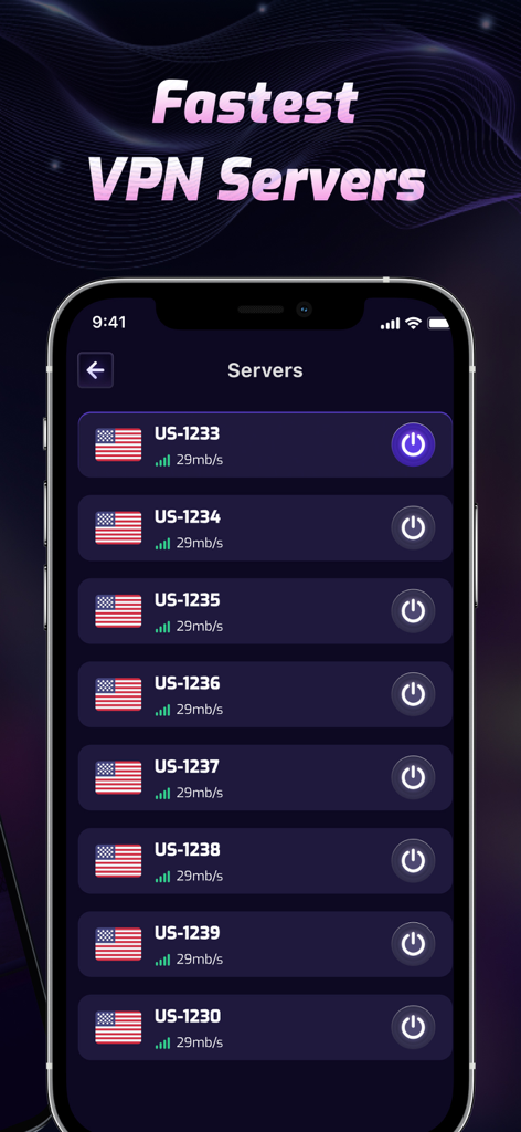 VPNClub app screenshot showing a list of fast US server locations and their connection speeds