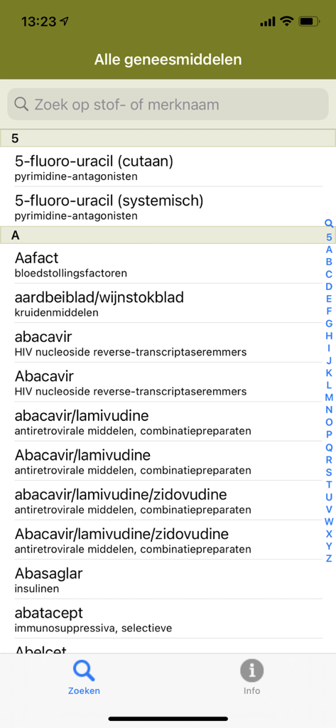 FK - Alphabetical list of medications and search bar in the Farmacotherapeutisch Kompas app interface