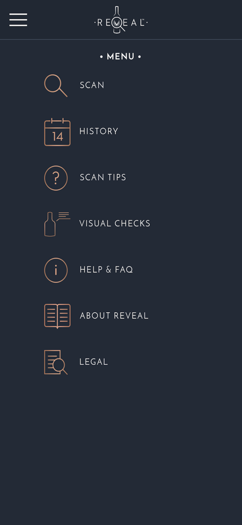 Hennessy Reveal App - Main menu of the Hennessy Reveal app showing options for scanning, scan history, tips, and visual checks on a dark interface.