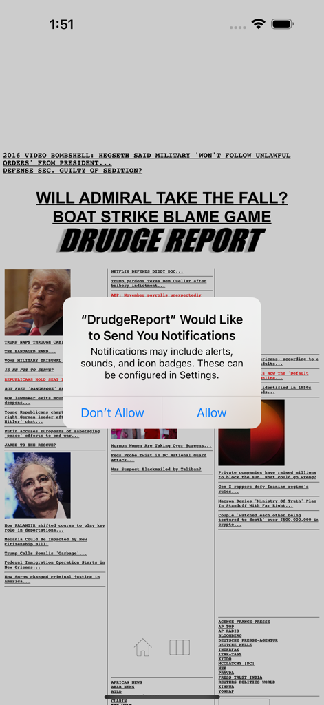 Drudge Report app interface on iPhone showing news headlines and a push notification request popup