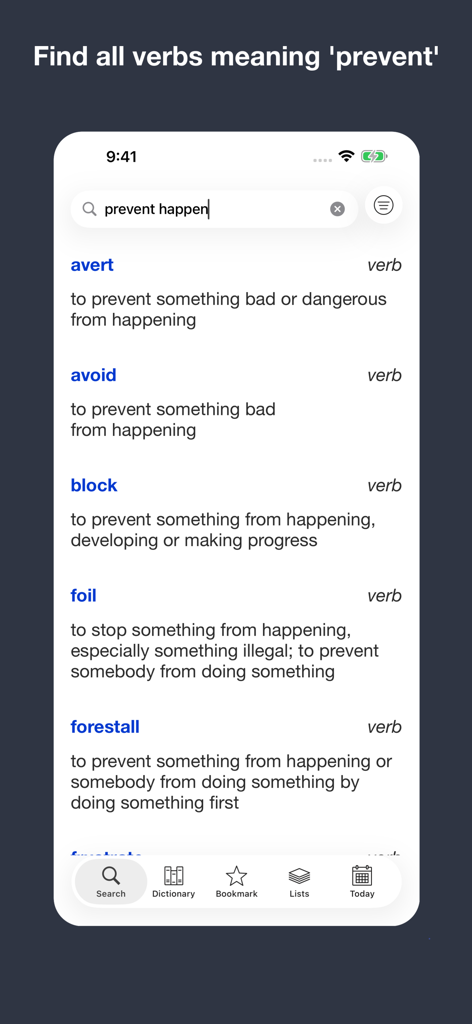 English Meaning Dictionary - The English Meaning Dictionary app showing a reverse search for verbs meaning to prevent something from happening