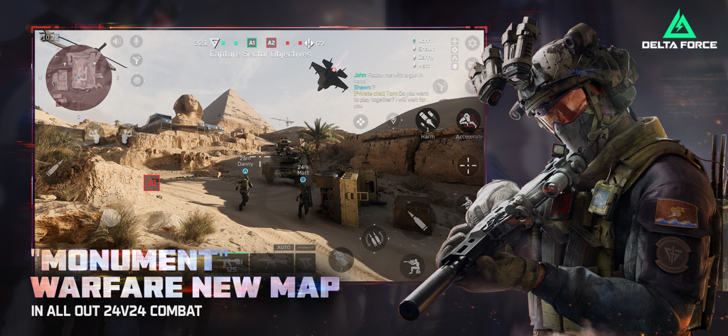 Gameplay del juego móvil Delta Force mostrando combate 24v24 en el mapa desértico Monument con pirámides y vehículos tácticos
