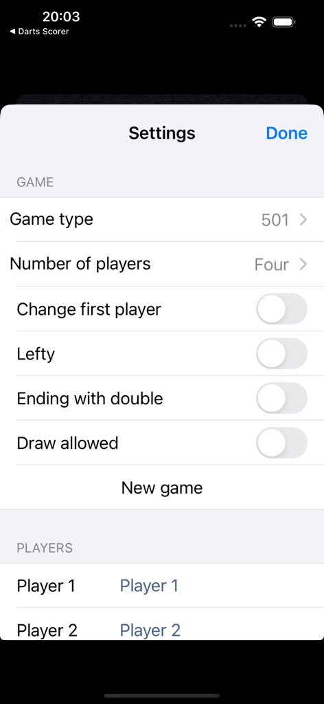 Menú de configuración del juego en la aplicación Marcador de Dardos que muestra opciones de configuración del partido y configuración del jugador