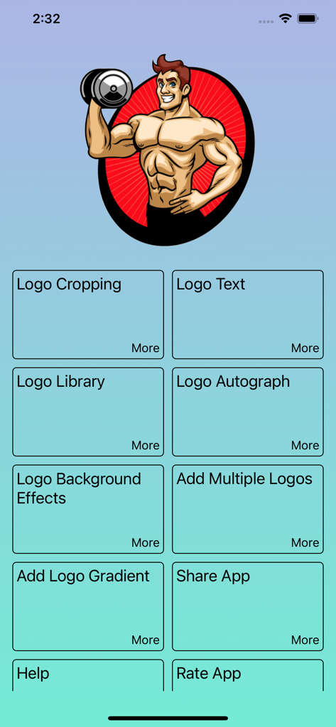 Create Logo~Make Your Own Logo - Interfaccia dell'app per la creazione di loghi che mostra strumenti di editing come ritaglio e testo con un modello di logo fitness
