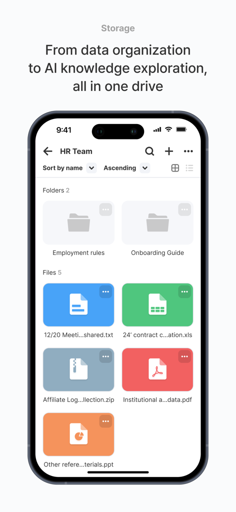 JANDI mobile app interface displaying organized files and folders for team collaboration