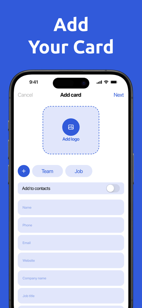 Digital Business Card Scannerㅤ - Mobile app interface for adding a digital business card with fields for logo, name, phone, and job title.