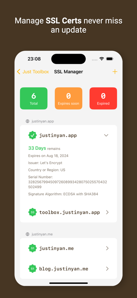 SSL-Manager-Oberfläche in der Just Toolbox App zeigt den Zertifikatsstatus und die Ablaufdetails für Entwickler an