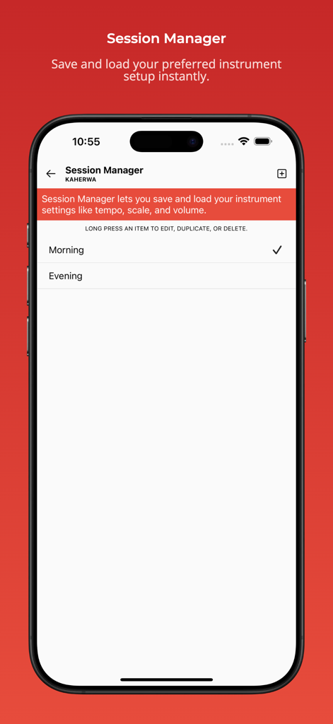 A mobile interface showing the Session Manager feature for saving rhythm and instrument settings.