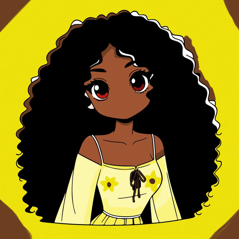 a black anime girl with long afro hair