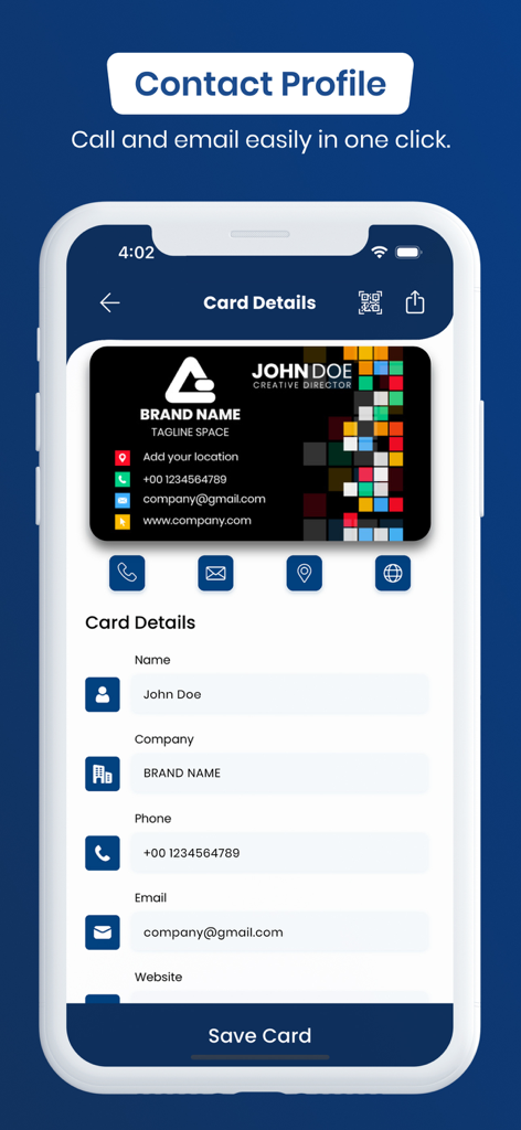 Business Card Scanner Reader - A contact profile screen in the Business Card Scanner app displaying digitized information from a scanned card with quick action buttons