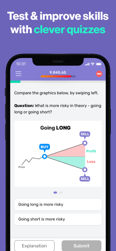 Stock Market Simulator & Game - Quiz de trading interactif sur le fait d'aller long ou court dans l'application Stock Market Simulator.