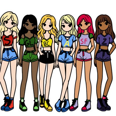 a group of girls wearing crop tops and shorts