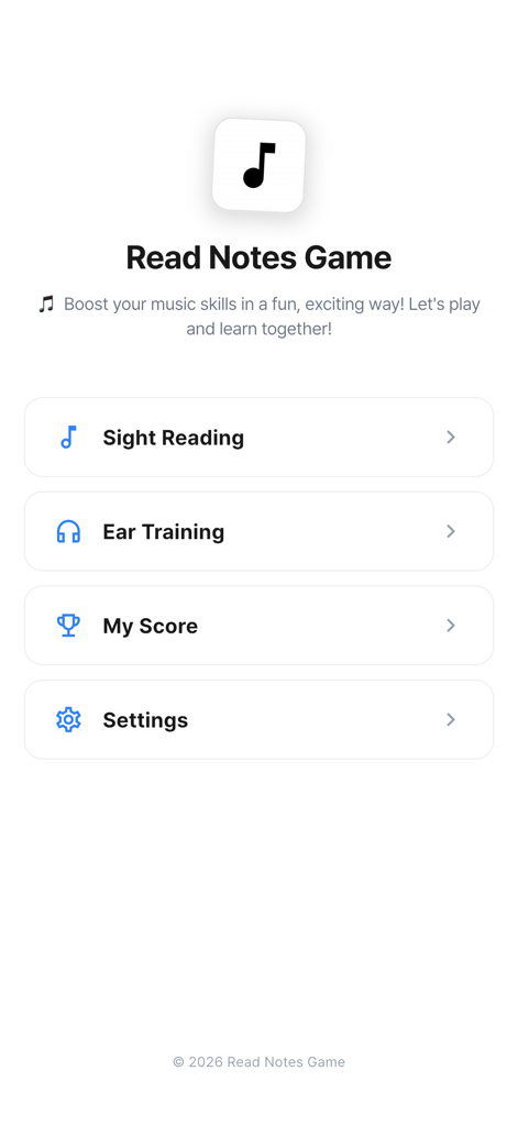 Read Notes Game - Das Hauptmenü der Read Notes Game App mit Schaltflächen für Notenlesen, Gehörbildung und Meine Punktzahl.