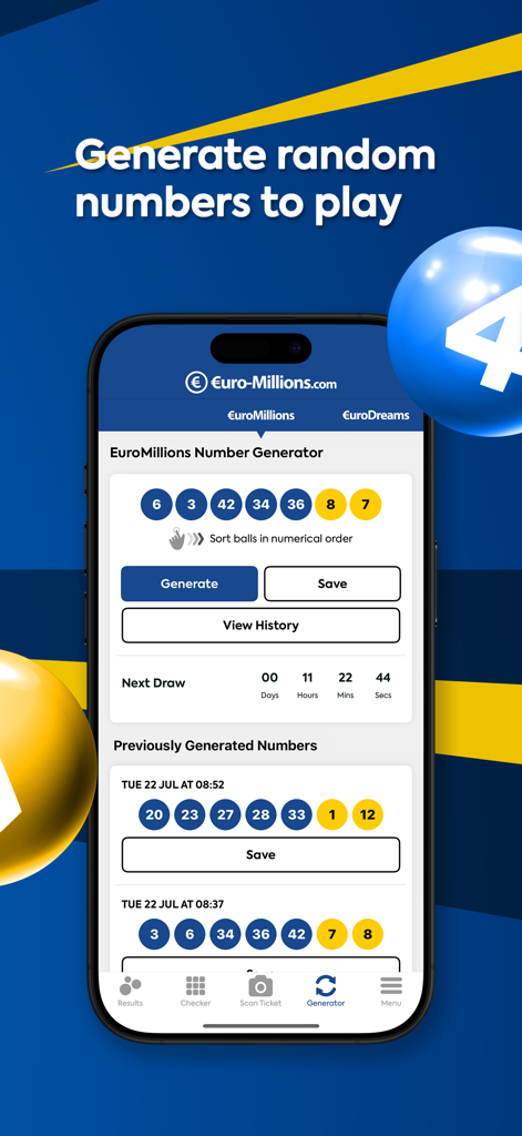 EuroMillions - Interface de l'application EuroMillions montrant le générateur de numéros aléatoires pour les tirages de loterie