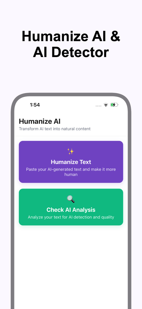 Main screen of the humanizo app showing Humanize Text and Check AI Analysis options