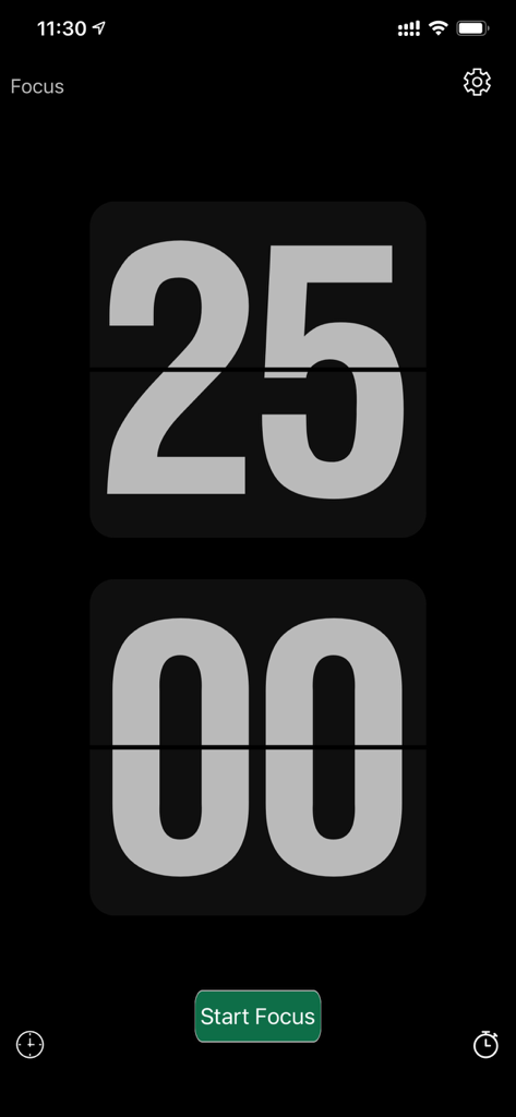 Focus timer - time keeper - A minimalist digital flip clock showing a 25-minute countdown on a black background for focus and productivity.