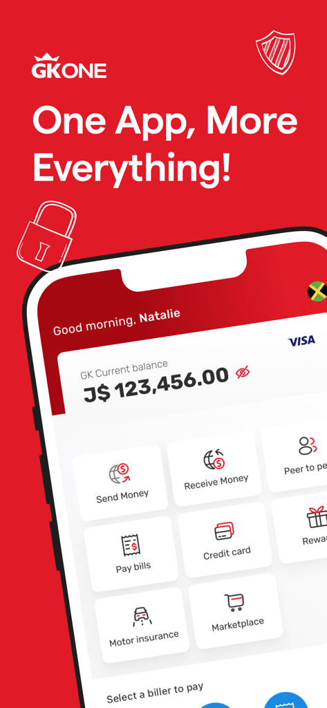 GK One - Pantalla de inicio de la aplicación GK One que muestra el saldo de la billetera digital e iconos para transferencias de dinero, pagos de facturas y seguros